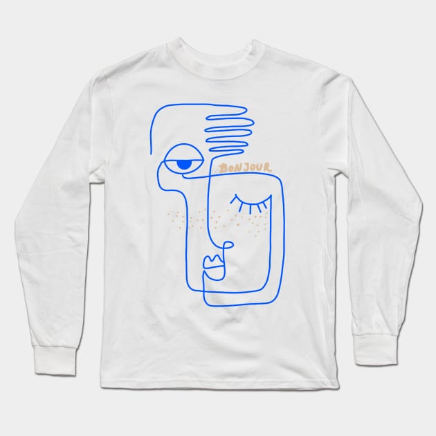 Abstract One line face Picasso style and Bonjour Long Sleeve T-Shirt by thecolddots